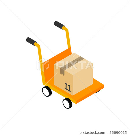 Yellow hand cart with cardboard box icon 36690015