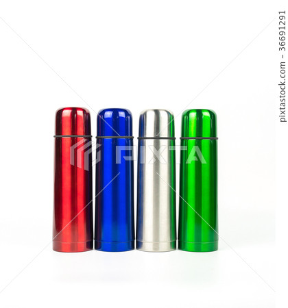 Red, blue, silver and green thermos bottles  36691291