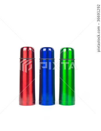 Red, blue and green thermos bottles isolated  36691292