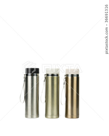 Three silver thermos bottle on white background Three silver thermos bottle on white background 36691316