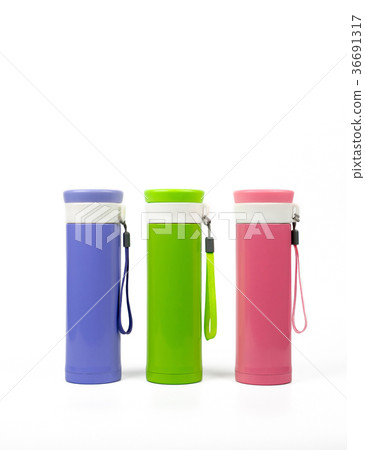 Purple, green and pink thermos bottles isolated  36691317