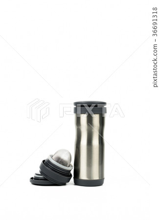 Silver thermos bottle with opened cap isolated  36691318