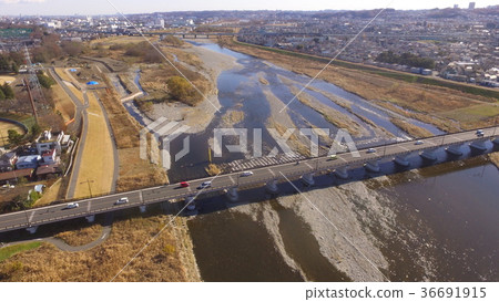 "Tama River · Hino Bridge" taken from the sky with a drone (Tachikawa City, Tokyo) 36691915