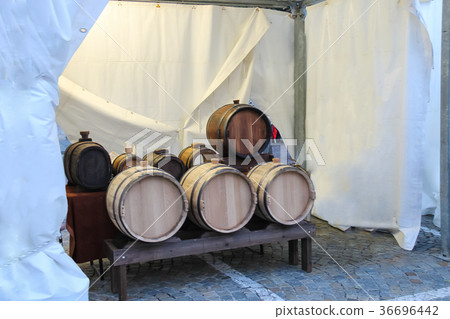 New wooden barrels under tent New wooden barrels under tent 36696442