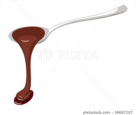 Liquid hot chocolate flows from the spoon. 36697287