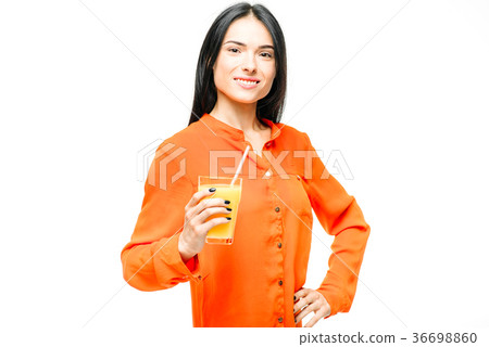 Woman drinks orange juice, white background 36698860