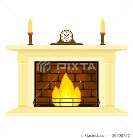 Fireplace with Clock and Candles Isolated Fireplace with Clock and Candles Isolated 36700737