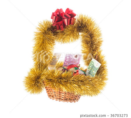 Wicker basket full of euro bills. Wicker basket full of euro bills. 36703273