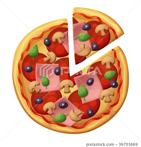 Pizza with sausages, ham, muchrooms. Top view Pizza with sausages, ham, muchrooms. Top view 36703669