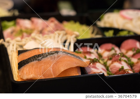 Raw food for barbecue grill in the restaurant. Raw food for barbecue grill in the restaurant. 36704579