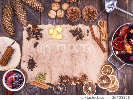 brown paper and ingredients for making mulled wine 36705508