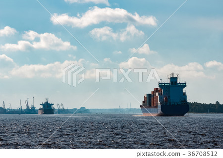 Blue container ship underway 36708512