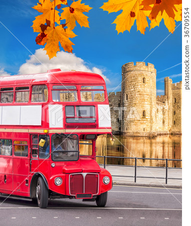 Bodiam castle with double decker bus in England,UK Bodiam castle with double decker bus in England,UK 36709554