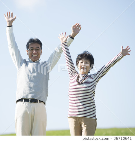 Senior couple raising their hands in the meadow 36710641