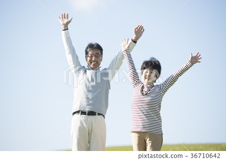 Senior couple raising their hands in the meadow 36710642