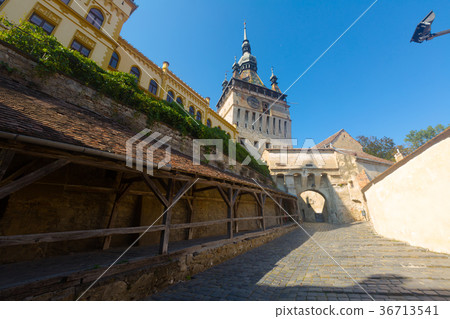 Sighisoara clock tower from fortress square, Romania 36713541