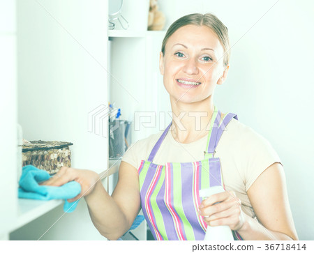 Positive woman wiping shelves 36718414