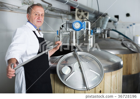 Adult brewer is standing with tube near reservoir for beer Adult brewer is standing with tube near reservoir for beer 36728196