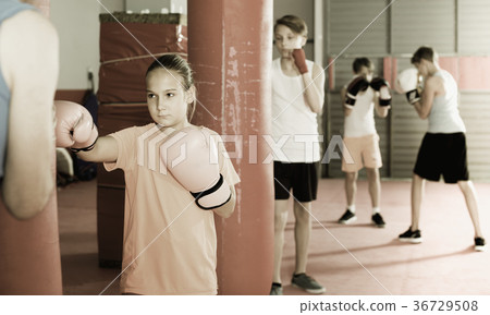 Girl with boxing gloves posing in defended stance 36729508