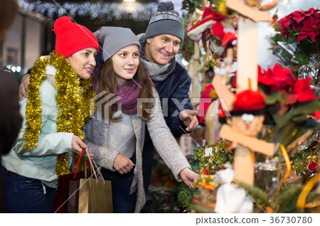 positive mother, father and teen girl buying red Euphorbia and floral decorations at Christmas fair 36730780