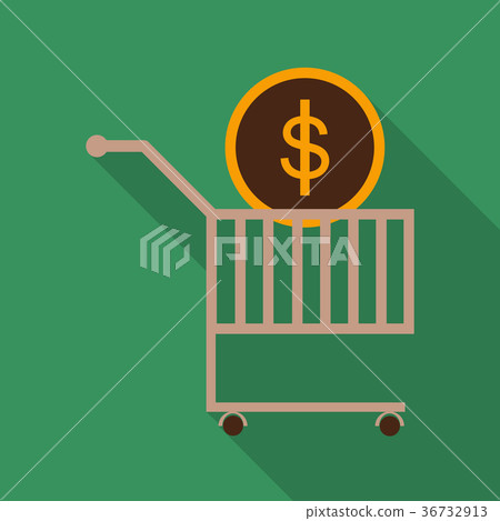 Supermarket shopping cart with coin isolated 36732913