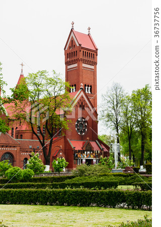 View of tower of the Catholic Red Church in Minsk 36737756