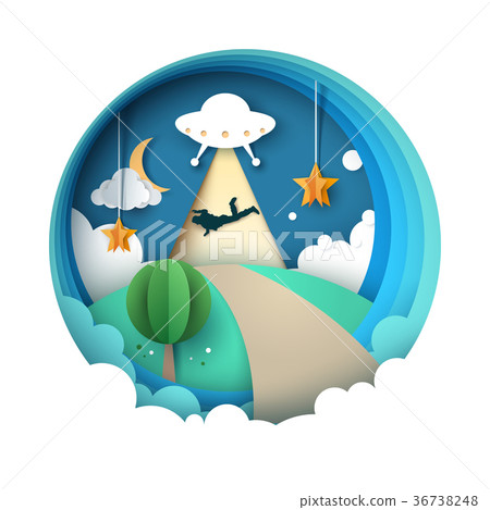 UFO kidnaps a person - cartoon paper illustration. UFO kidnaps a person - cartoon paper illustration. 36738248