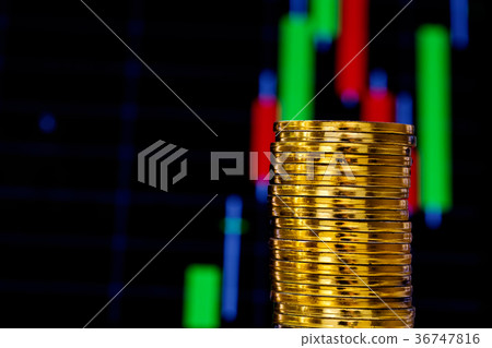 Pile of gold coins with price chart Pile of gold coins with price chart 36747816