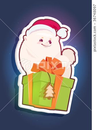 Holiday Sticker Pomerian Dog In Santa Hat Sitting 36748097