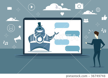 Man Chatting With Chat Bot From Digital Tablet Or 36749748