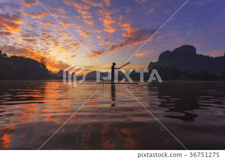 fisherman on the raft in the morning beautiful sky 36751275