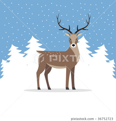 Reindeer with antler on background of trees. - Stock Illustration