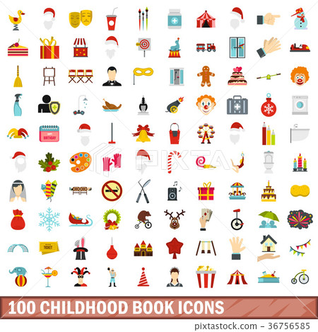 100 childhood book icons set, flat style 100 childhood book icons set, flat style 36756585