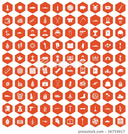 100 war crimes icons hexagon orange 36759917