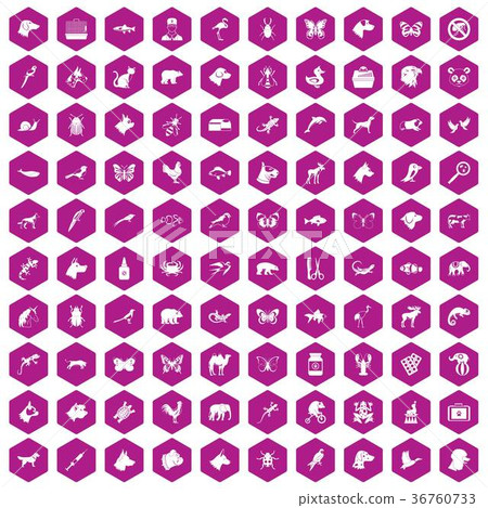 100 animals icons hexagon violet 36760733