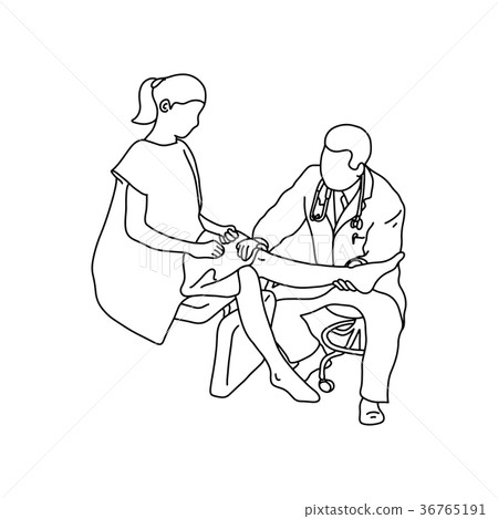 Doctor examining knee joint of female patient  36765191