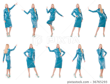 Woman pressing virtual button isolated on white 36765293