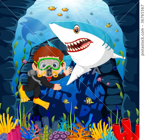 Cartoon boy diving in the sea with shark 36765567