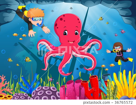 cute octopus under the sea with boy and girl cute octopus under the sea with boy and girl 36765572
