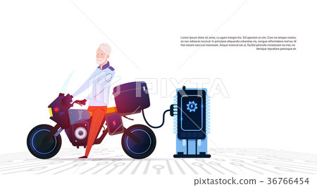 Senior Man On Motorcycle At Electric Charging 36766454