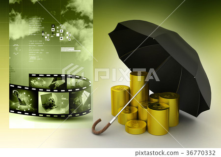 Gold coins under a black umbrella 36770332