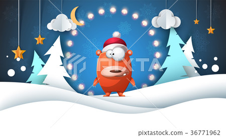 Winter landscape. Funny, cute bear. Moon, cloud 36771962