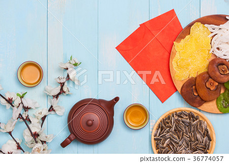 Flat lay Chinese new year new year table top shot. 36774057