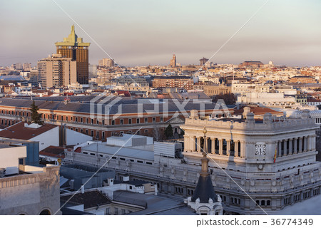 Panoramic aerial view of Madrid, Spain at sunset. 36774349