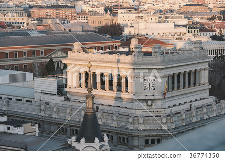 Panoramic aerial view of Madrid, Spain at sunset. 36774350