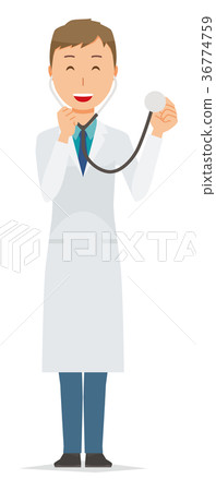 Young male doctor in white is holding a stethoscope 36774759