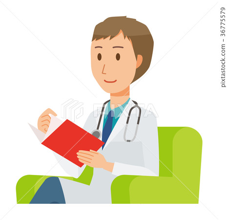 A young male doctor in white is sitting on the sofa and doing reading 36775579