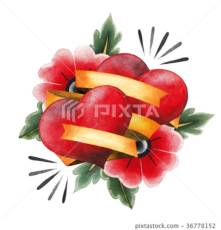 Two watercolor hearts , ribbons and flowers 36778152