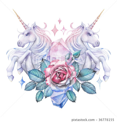 Watercolor design with unicorn and rose vignette Watercolor design with unicorn and rose vignette 36778155