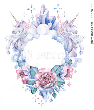 Watercolor design with unicorns, crystals, roses 36778156